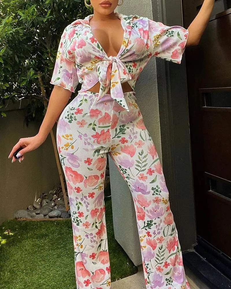 FLORAL PLANTS PRINT KNOTTED TOP PANTS SET