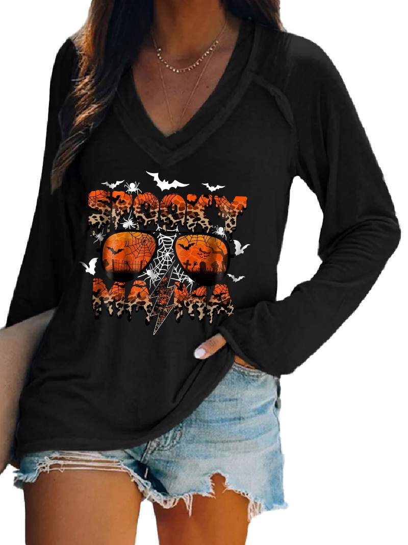 CROSS BORDER WOMEN TOP LEOPARD STRIPED ALPHABET SPIDER BAT PUMPKIN PLAID HALLOWEEN TOP