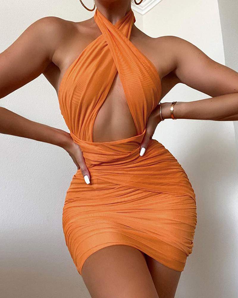 Solid Halter CutOut Open Back Ruched Mini Dress