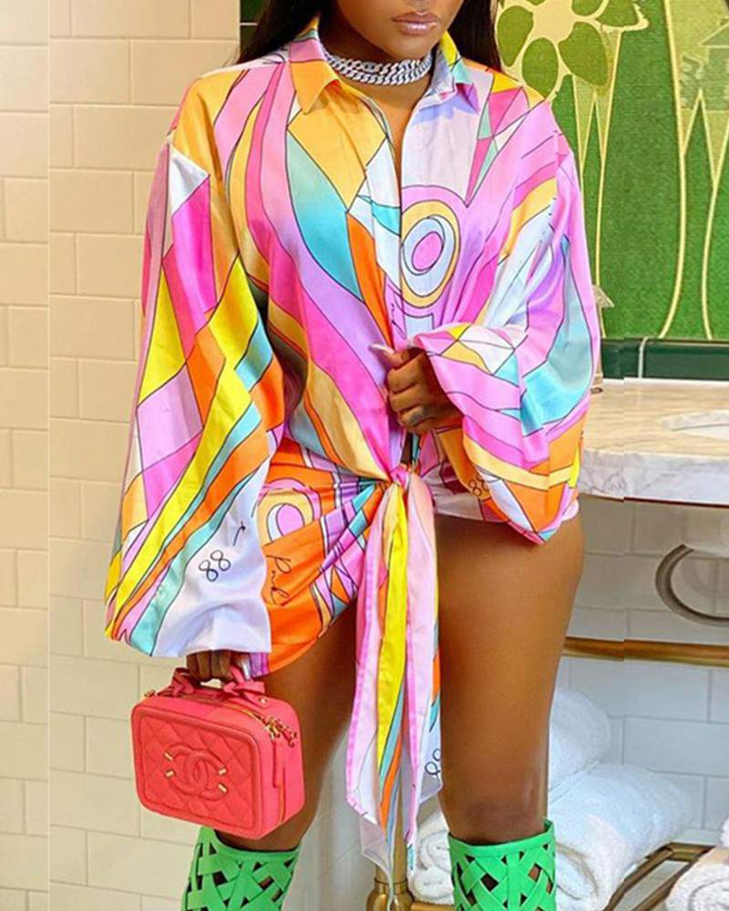 Geometric Print Oversized Asymmetrical Tie Front Top