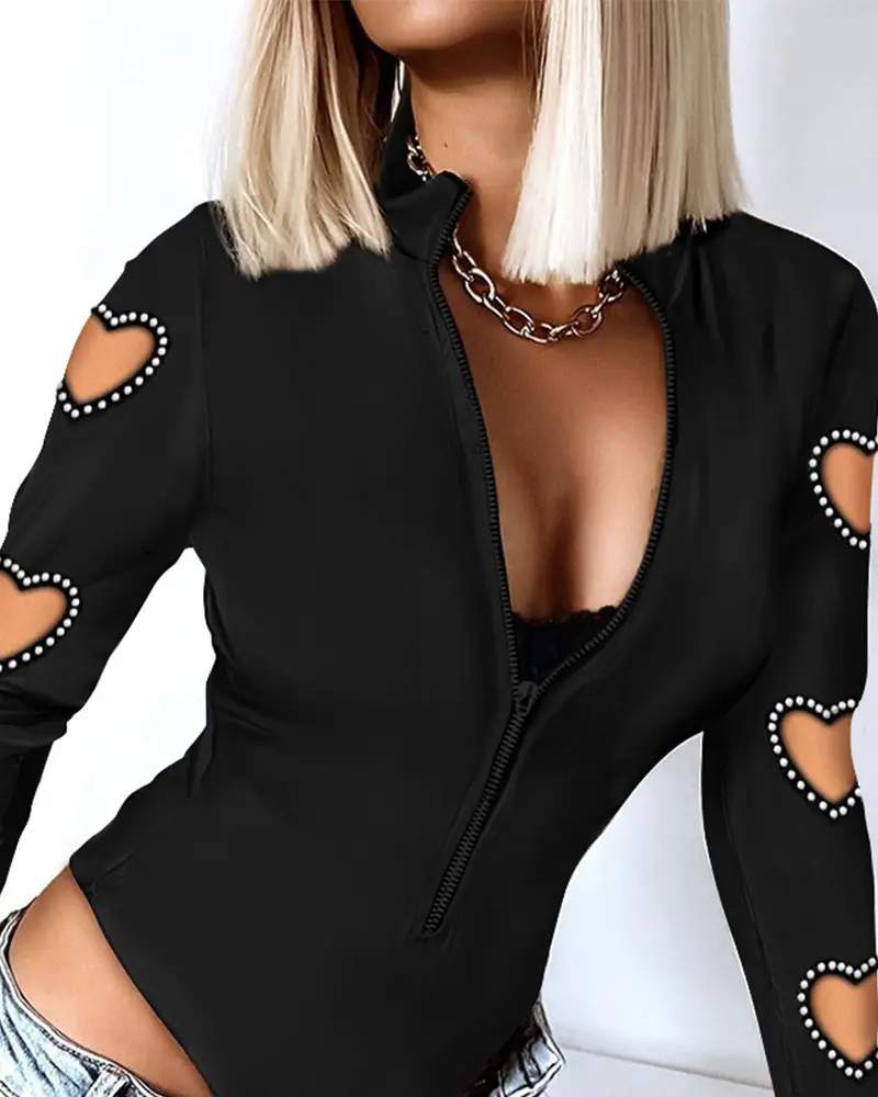 HOLLOW HEART PEARLS DECOR LONG SLEEVE BODYSUIT