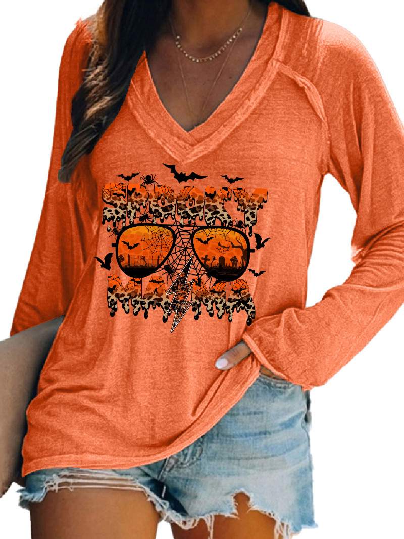 CROSS BORDER WOMEN TOP LEOPARD STRIPED ALPHABET SPIDER BAT PUMPKIN PLAID HALLOWEEN TOP
