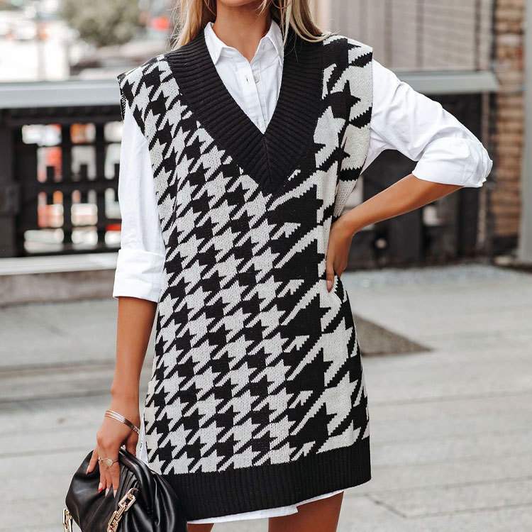 LOOSE V NECK HOUNDSTOOTH KNITTED SWEATER SLEEVELESS VEST WOMEN S VEST