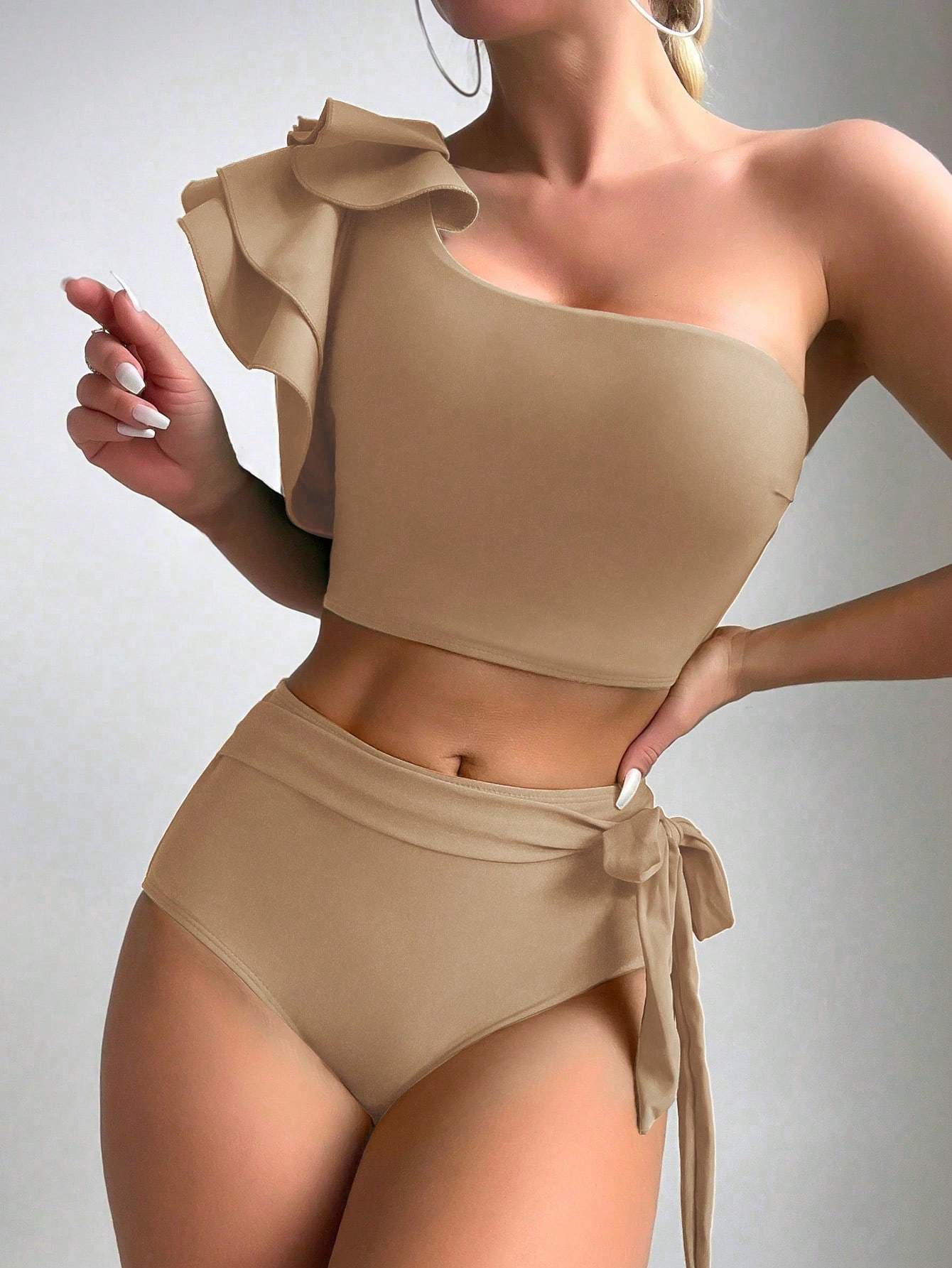 SWIM CHICSEA SOLID TANKINI SET RUFFLE TRIM ONE SHOULDER TOP HIGH WAISTED BOTTOM 2 PIECE BATHING SUIT