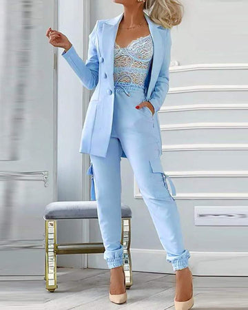 BUTTONED BLAZER COAT POCKET DESIGN PANTS SET