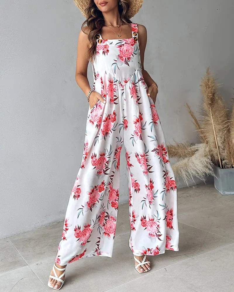 FLORAL PRINT WIDE LEG SUSPENDER JUMPSUIT