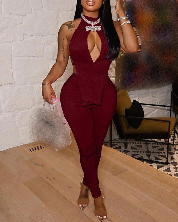 Tied Detail Asymmetrical Cutout Top Pants Set