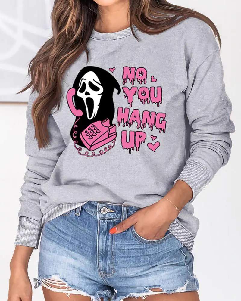 HALLOWEEN NO YOU HANG UP GRAPHIC PRINT O NECK SWEATSHIRT