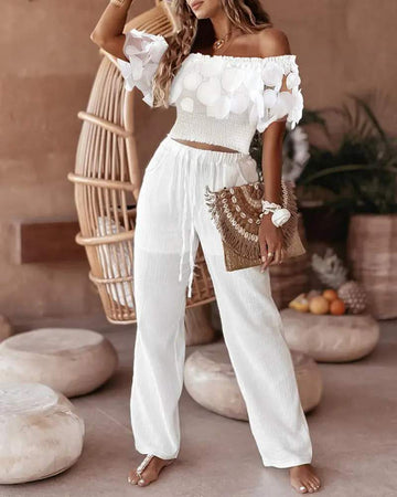 FRILL HEM SHIRRED SHEER MESH PATCH TOP DRAWSTRING PANTS SET