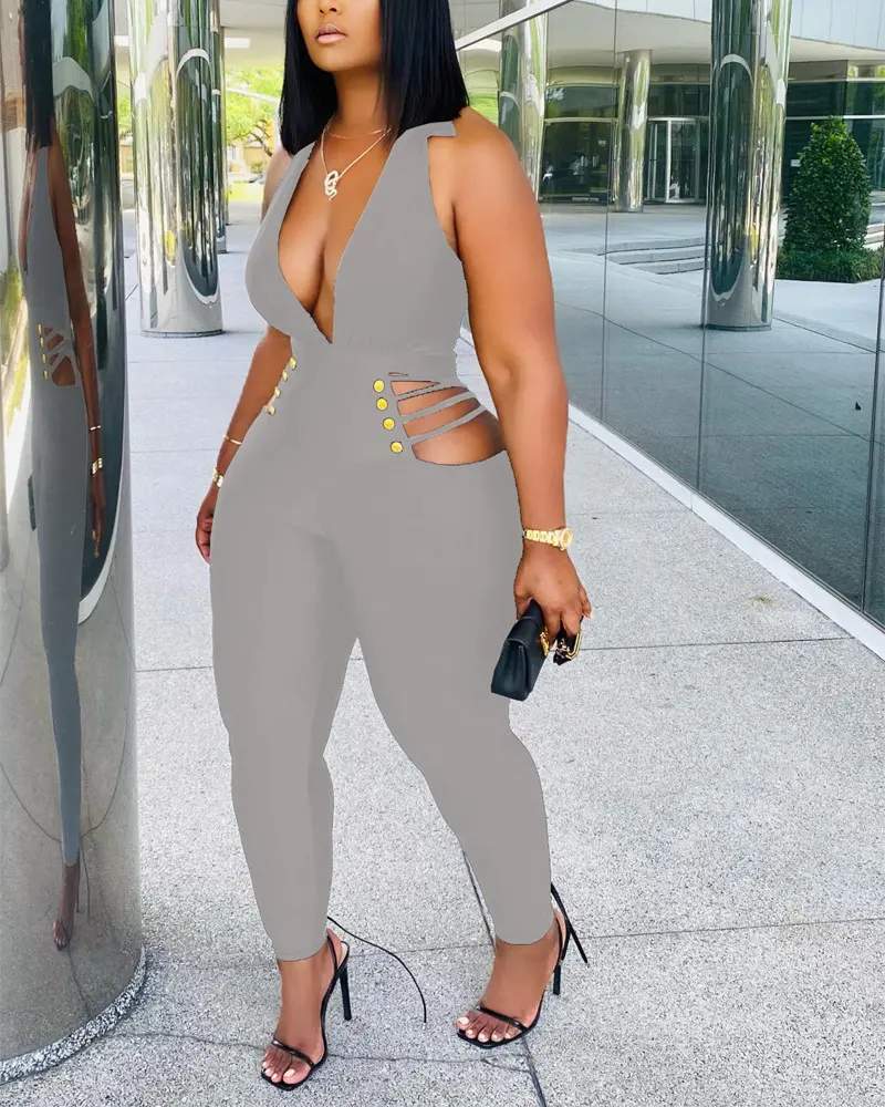 PLUNGING HALTER BACKLESS CUTOUT SKINNY JUMPSUIT