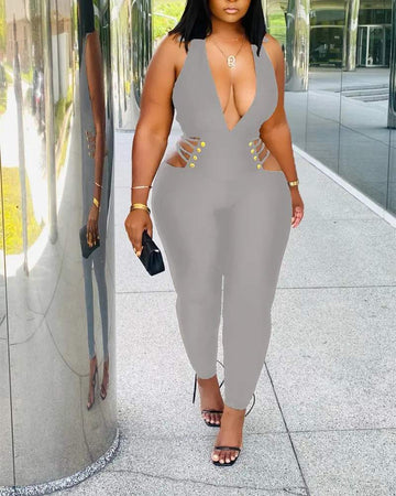 PLUNGING HALTER BACKLESS CUTOUT SKINNY JUMPSUIT