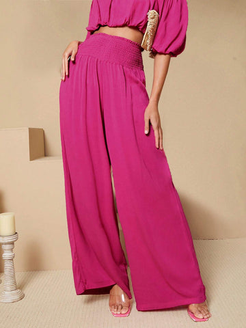 TALL SOLID COLOR LOOSE SHIRRED WIDE LEG PANTSSETS