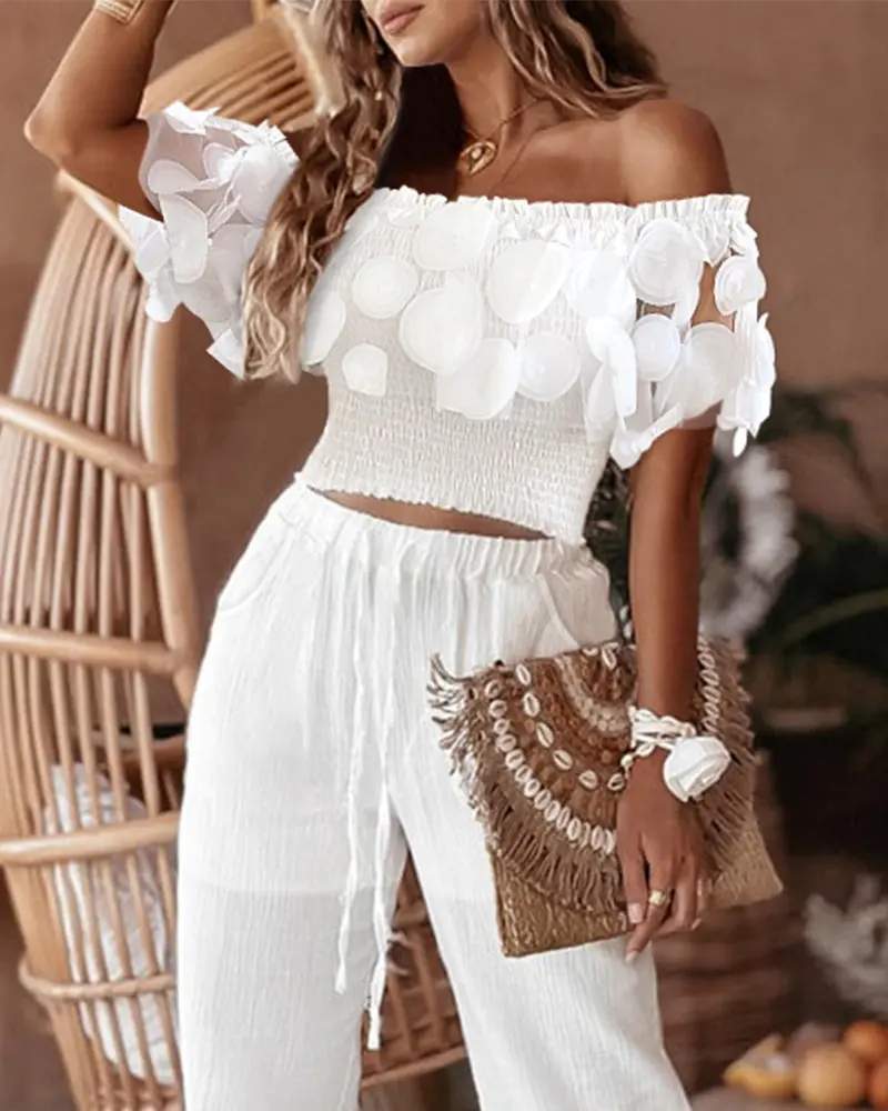 FRILL HEM SHIRRED SHEER MESH PATCH TOP DRAWSTRING PANTS SET