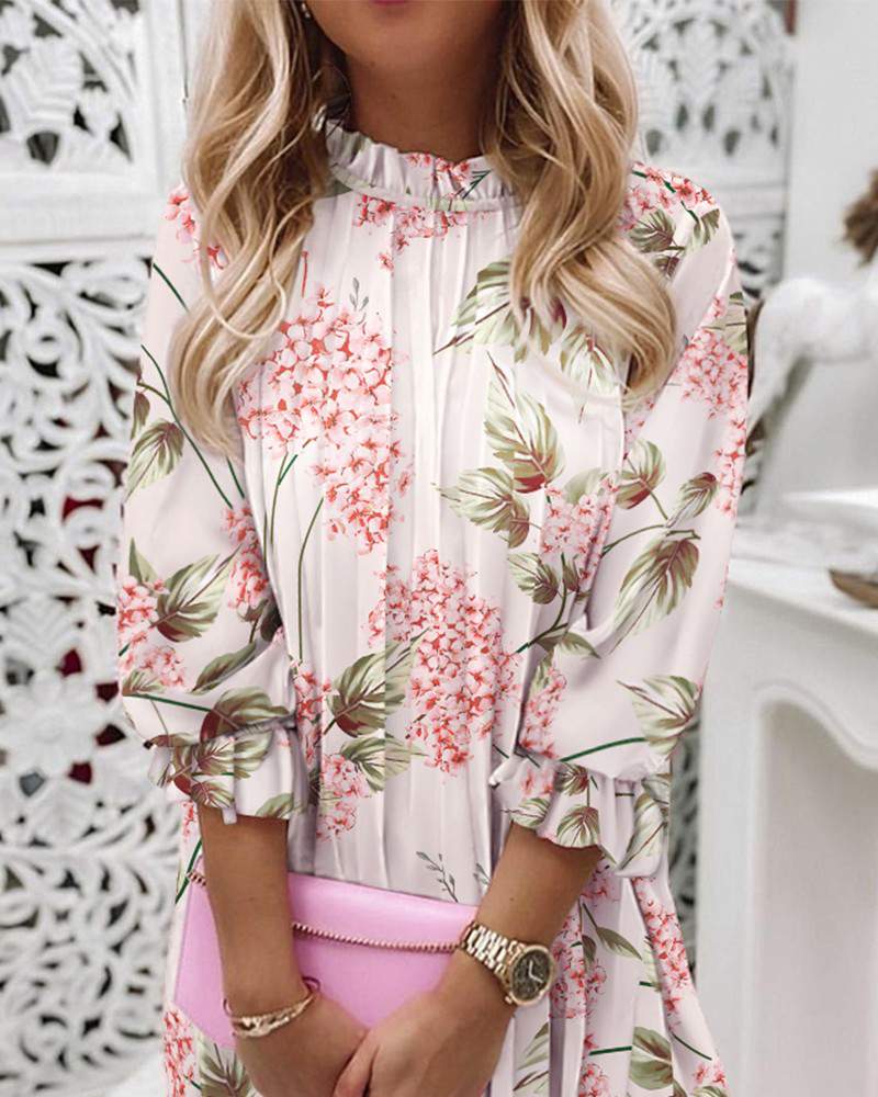 Floral Print Ruffle Trim Pleated Dress