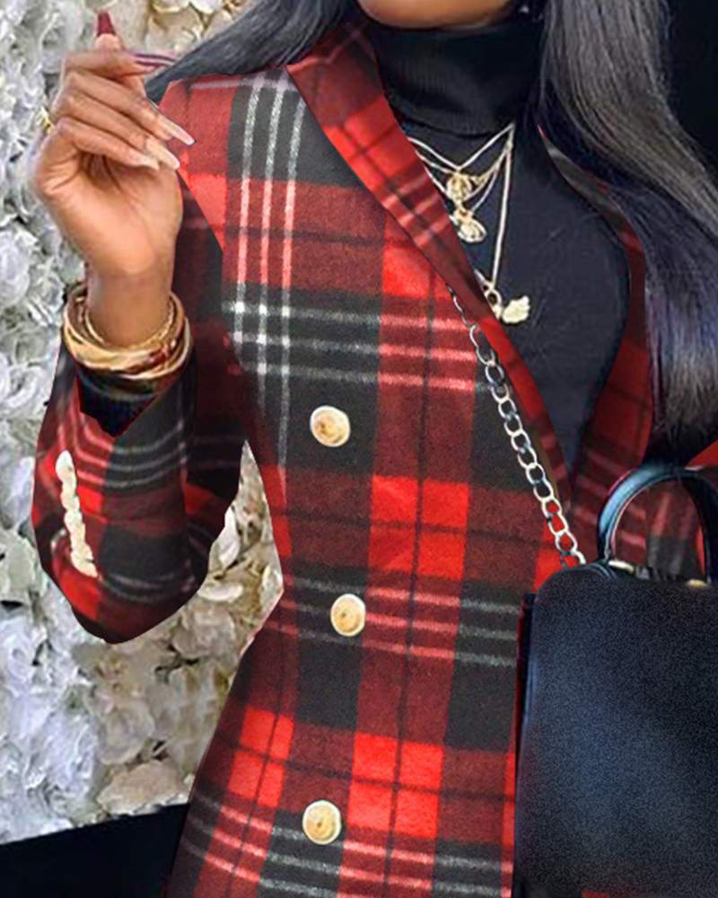 Plaid Pattern Colorblock Buttoned Longline Blazer Coat