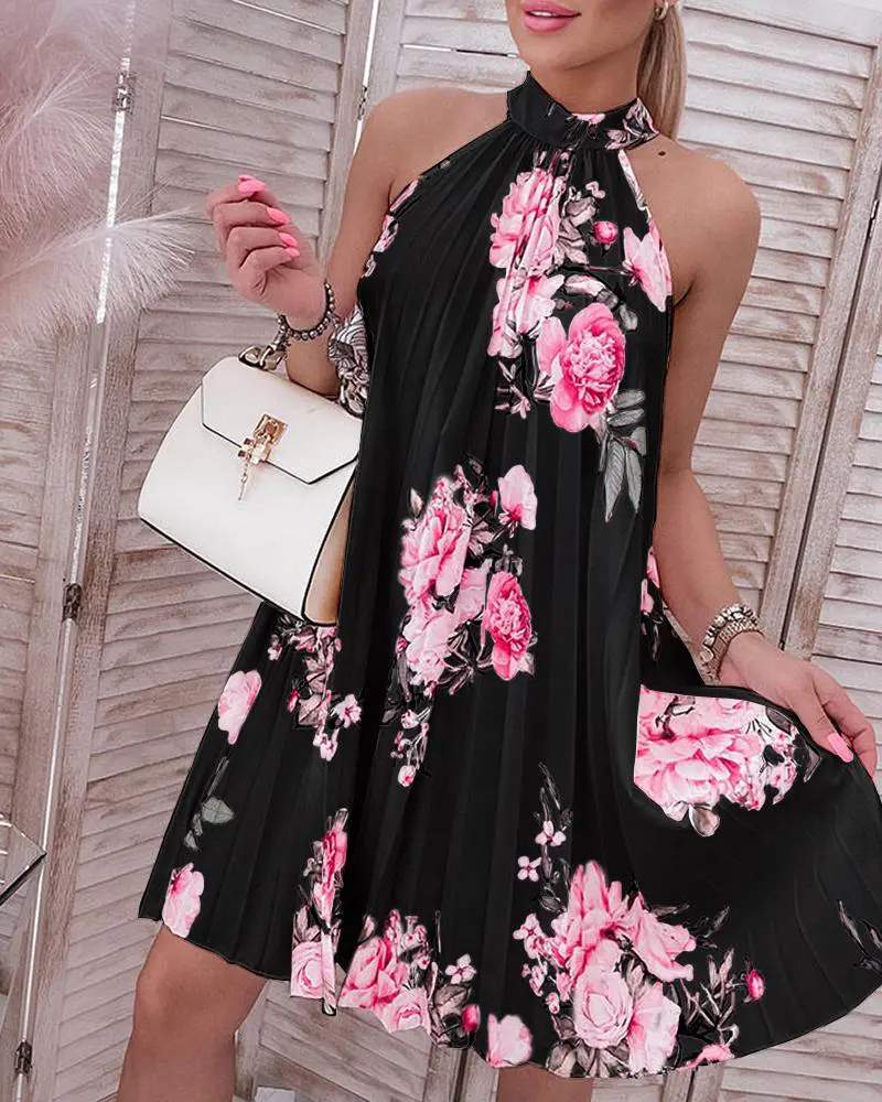FLORAL PRINT HALTER CASUAL PLEATED DRESS