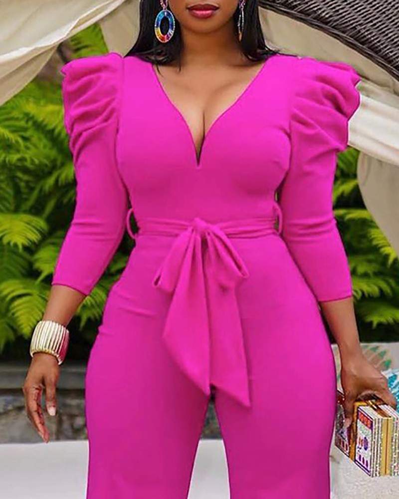 Gigot Sleeve Tied Detail VNeck Jumpsuit