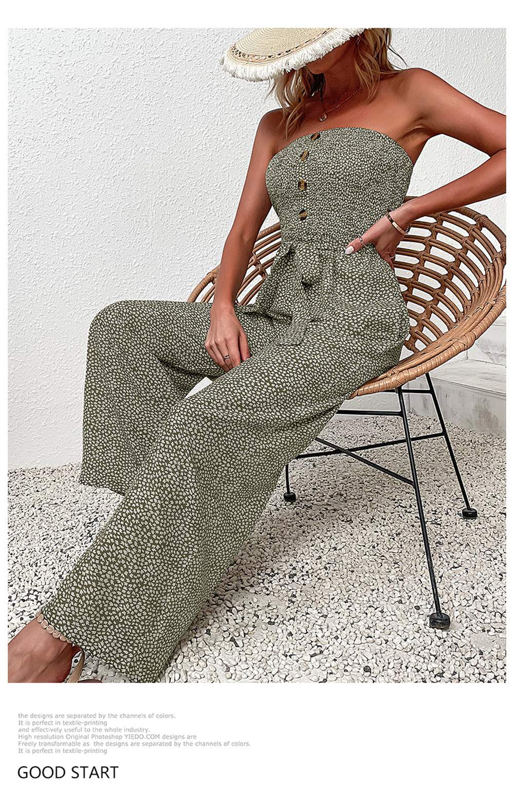 Women's Printed Button Front Strapless Belted Pocket Wide Leg Tube Jumpsuit Pants