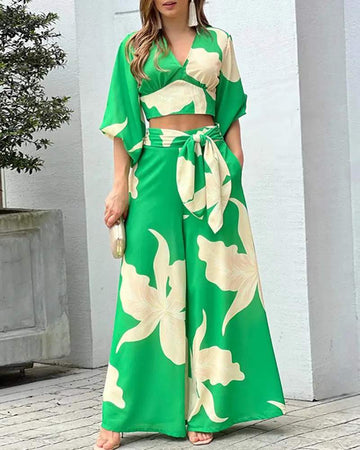 TROPICAL PRINT CROP TOP WIDE LEG BOOTCUT PANTS SET