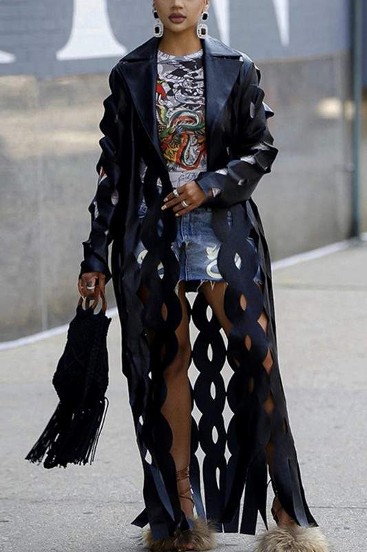 FAUX LEATHER CUTOUT LONG COAT