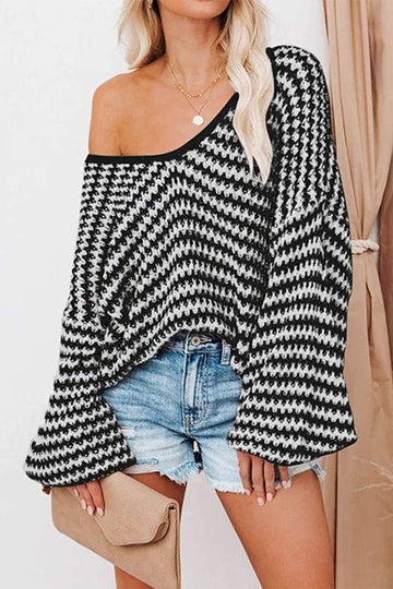 LOOSE FIT STRIPE PATTERN LANTERN SLEEVE WAFFLE TOP