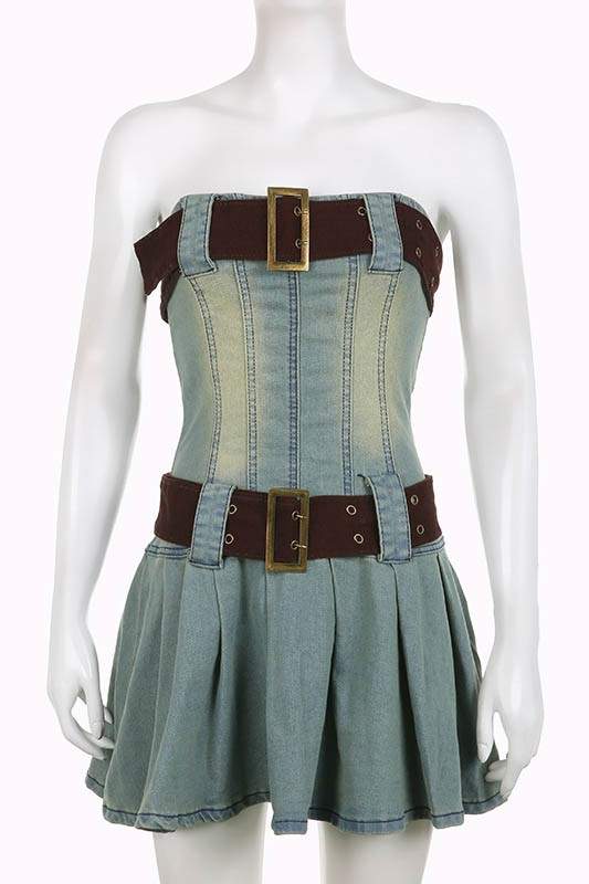 DESERT DENIM BELT DESIGN STRAPLESS MINI DRESS