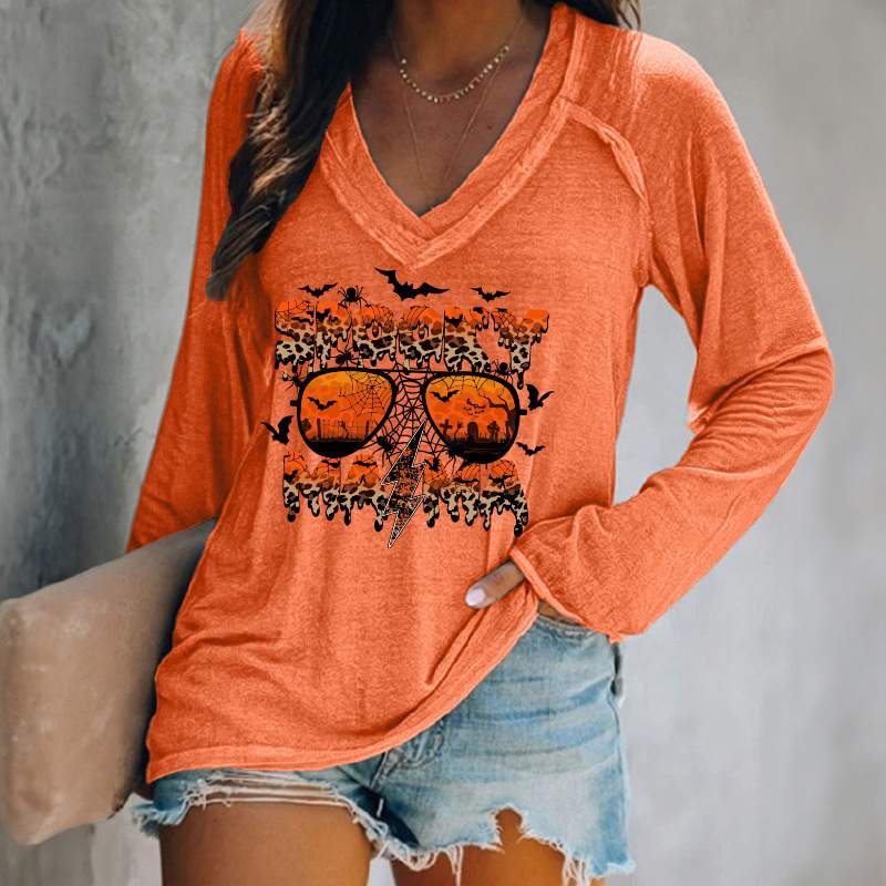 CROSS BORDER WOMEN TOP LEOPARD STRIPED ALPHABET SPIDER BAT PUMPKIN PLAID HALLOWEEN TOP