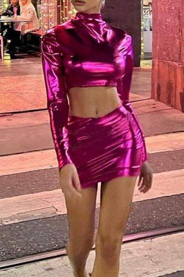 LONGSLEEVE VINYL CROP TOP AND SKIRTS SET