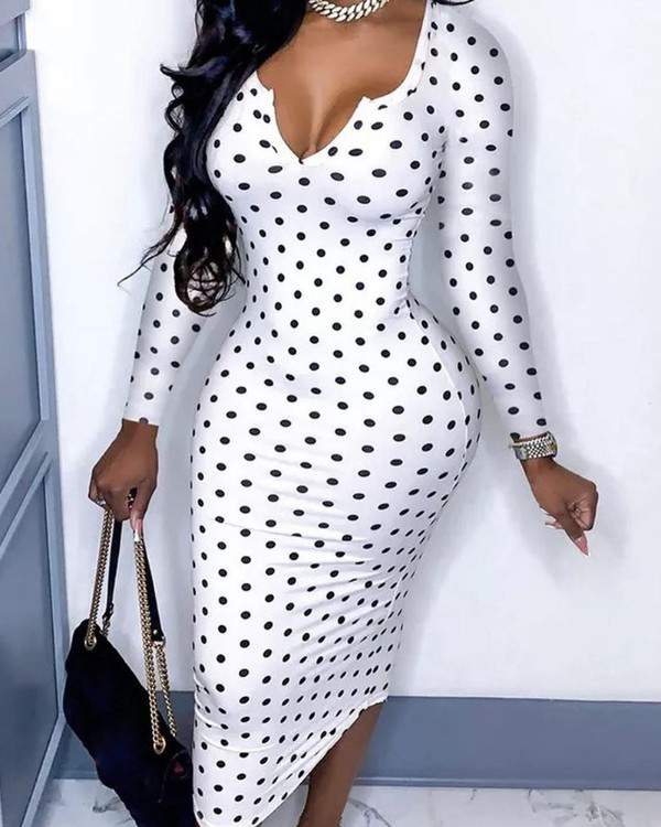 Polkadot Print Long Sleeve V Neck Bodycon Dress
