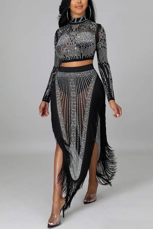 RHINESTONE FRINGE TOP AND SKIRT SET