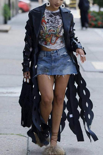 FAUX LEATHER CUTOUT LONG COAT