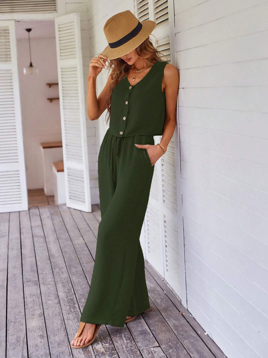 LUNE WOMEN S SIMPLE SOLID COLOR SLEEVELESS TOP AND LONG PANTS TWO PIECE SET FOR DAILY WEAR