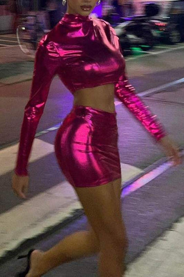 LONGSLEEVE VINYL CROP TOP AND SKIRTS SET