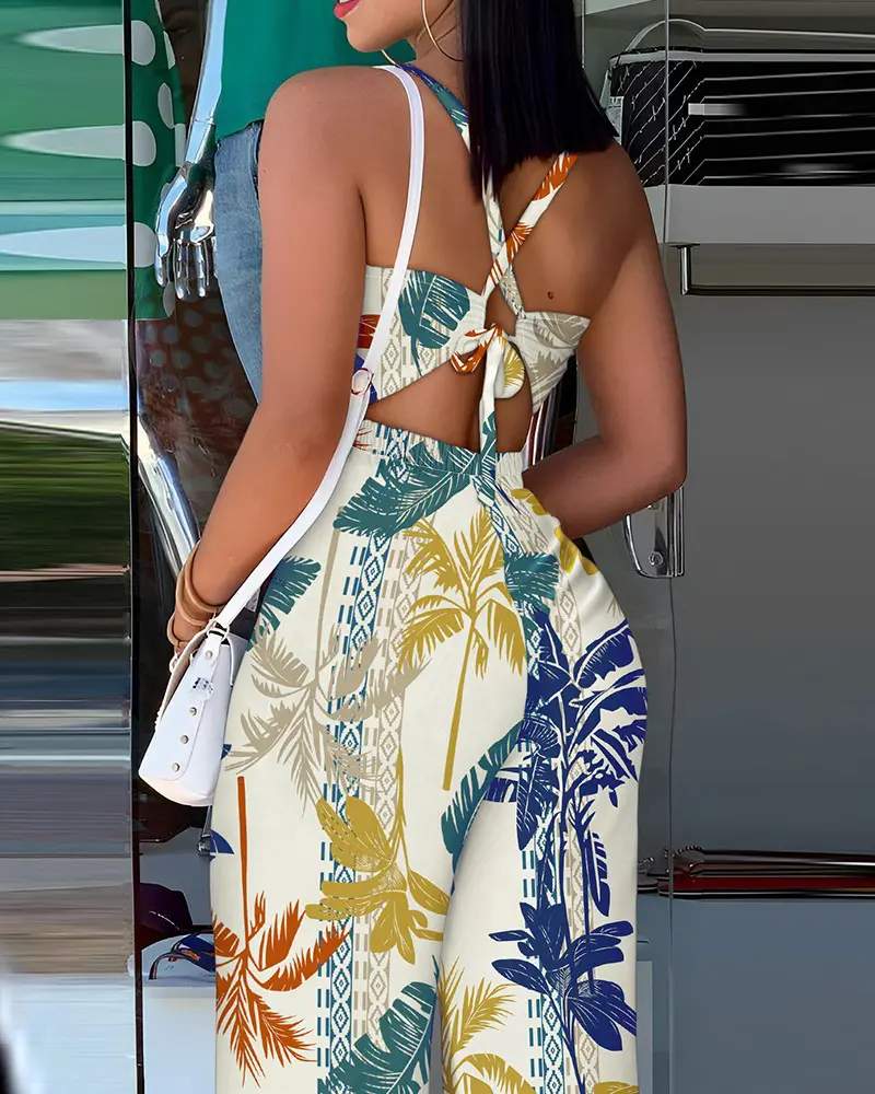 TROPICAL PRINT TIED DETAIL JUMPSUIT