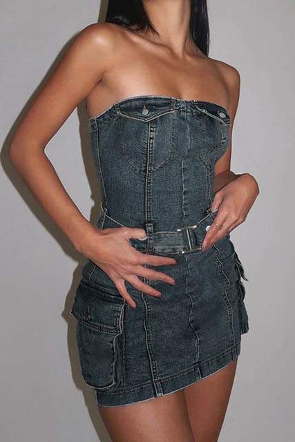 DENIM STRAPLESS TUBE MINI DRESS