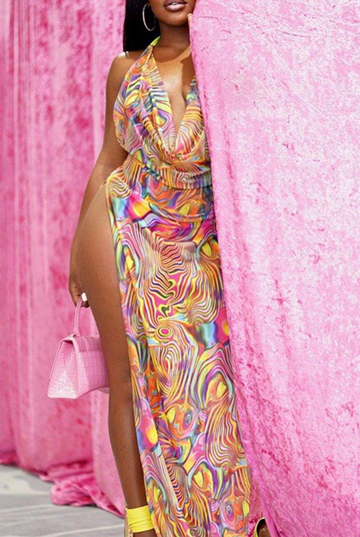 SEXY PRINT HIGH OPENING HALTER IRREGULAR DRESS DRESSES
