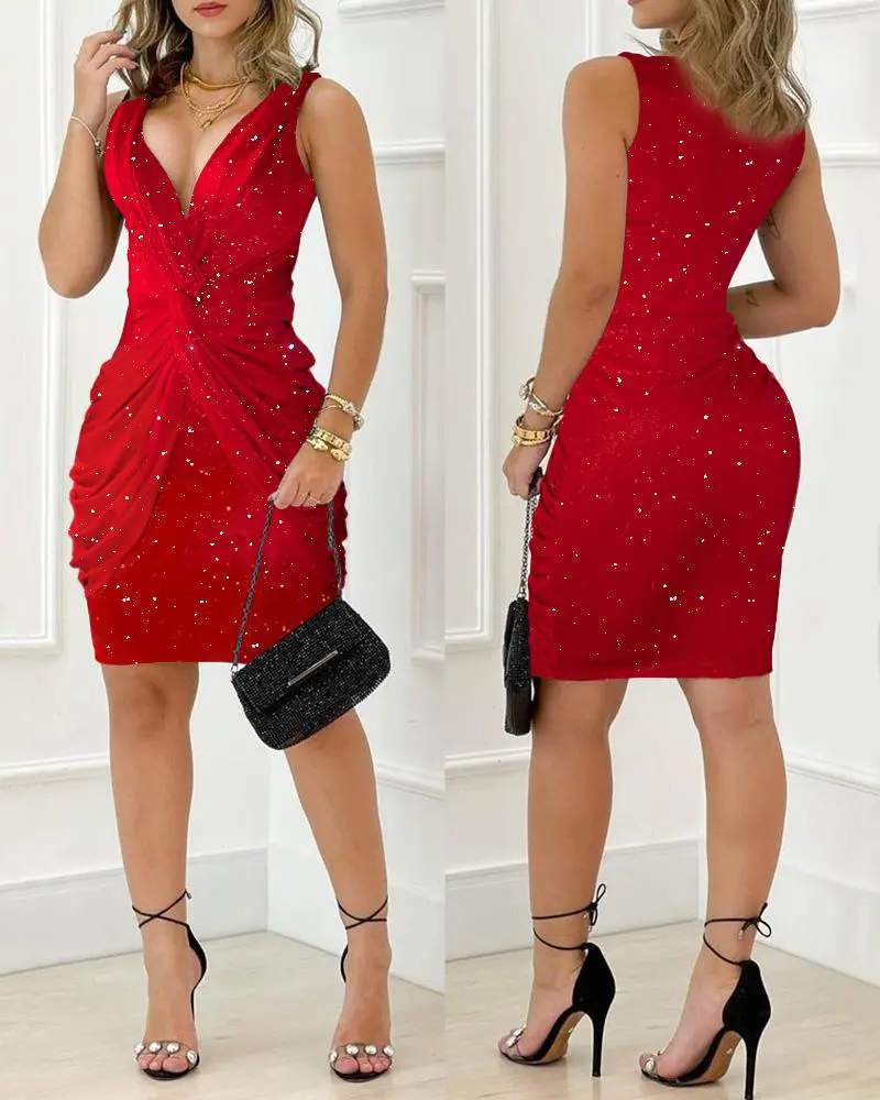 TWIST DESIGN PLUNGING NECK GLITTER PARTY DRESS