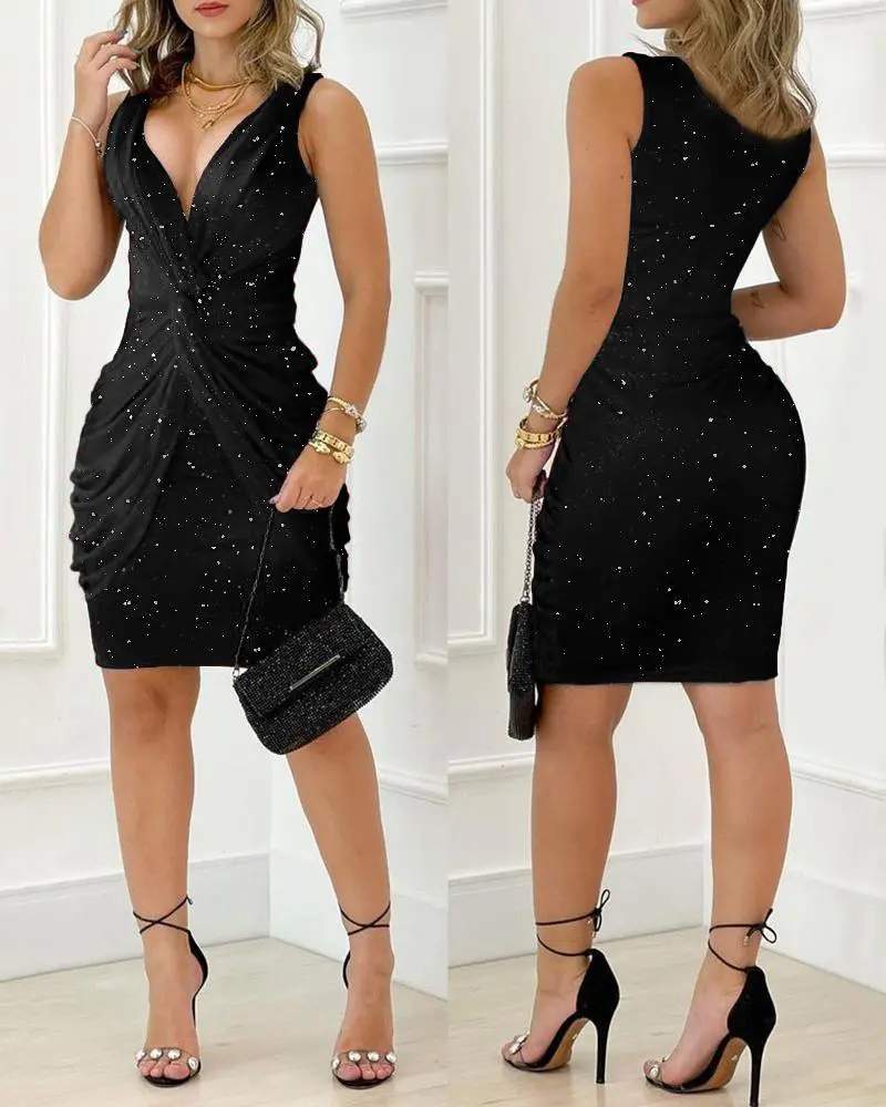 TWIST DESIGN PLUNGING NECK GLITTER PARTY DRESS