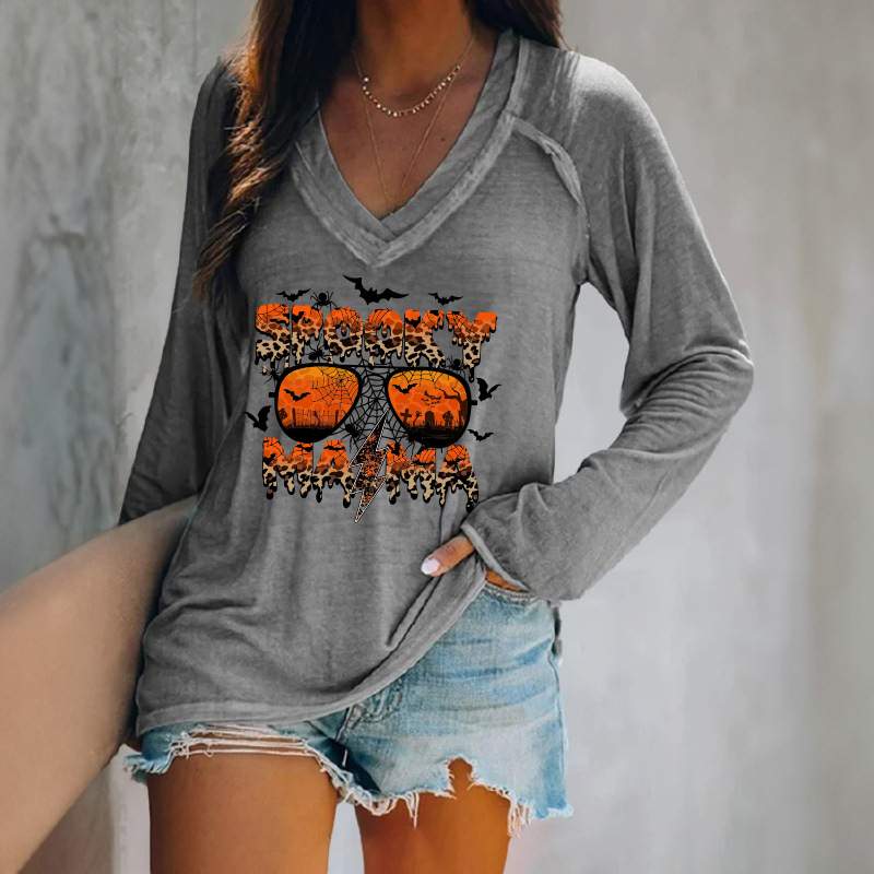 CROSS BORDER WOMEN TOP LEOPARD STRIPED ALPHABET SPIDER BAT PUMPKIN PLAID HALLOWEEN TOP