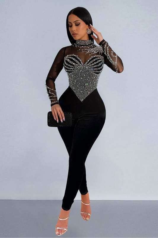 RHINESTONES MESH JUMPSUITS