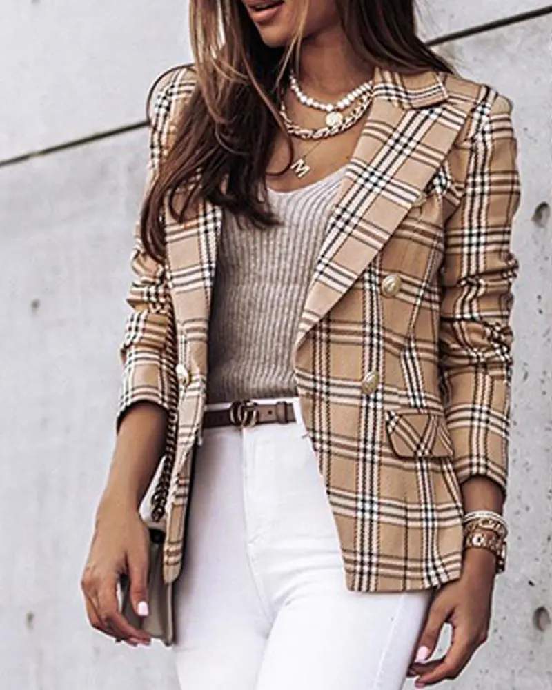 PLAID PRINT LONG SLEEVE DOUBLE BREASTED BLAZER COAT