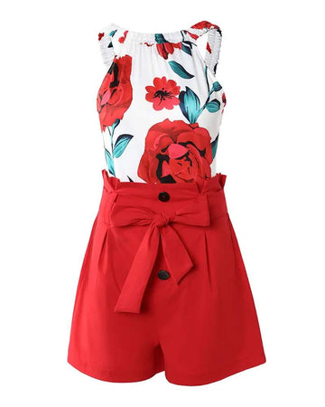 FLORAL PRINT TOP HIGH WAIST BELTED SHORTS SET