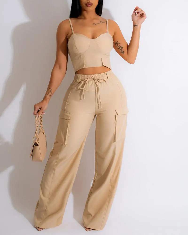 CROP CAMI TOP POCKET DESIGN PANTS SET