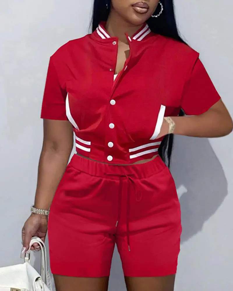 CONTRAST PANELED CROP TOP DRAWSTRING SHORTS SET