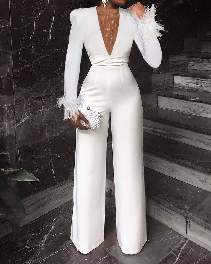 Trendy V-Neck Bodysuit with Feathers