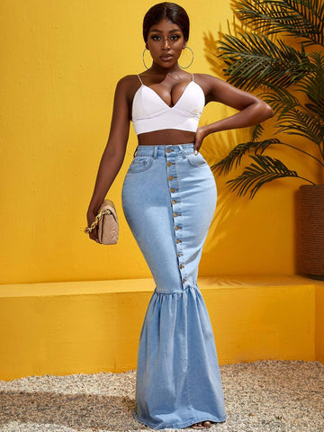 High-Waisted Skirt, Trendy Flared Denim
