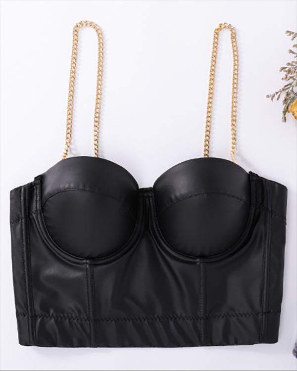 PU Leather Chain Strap Corset Crop Top