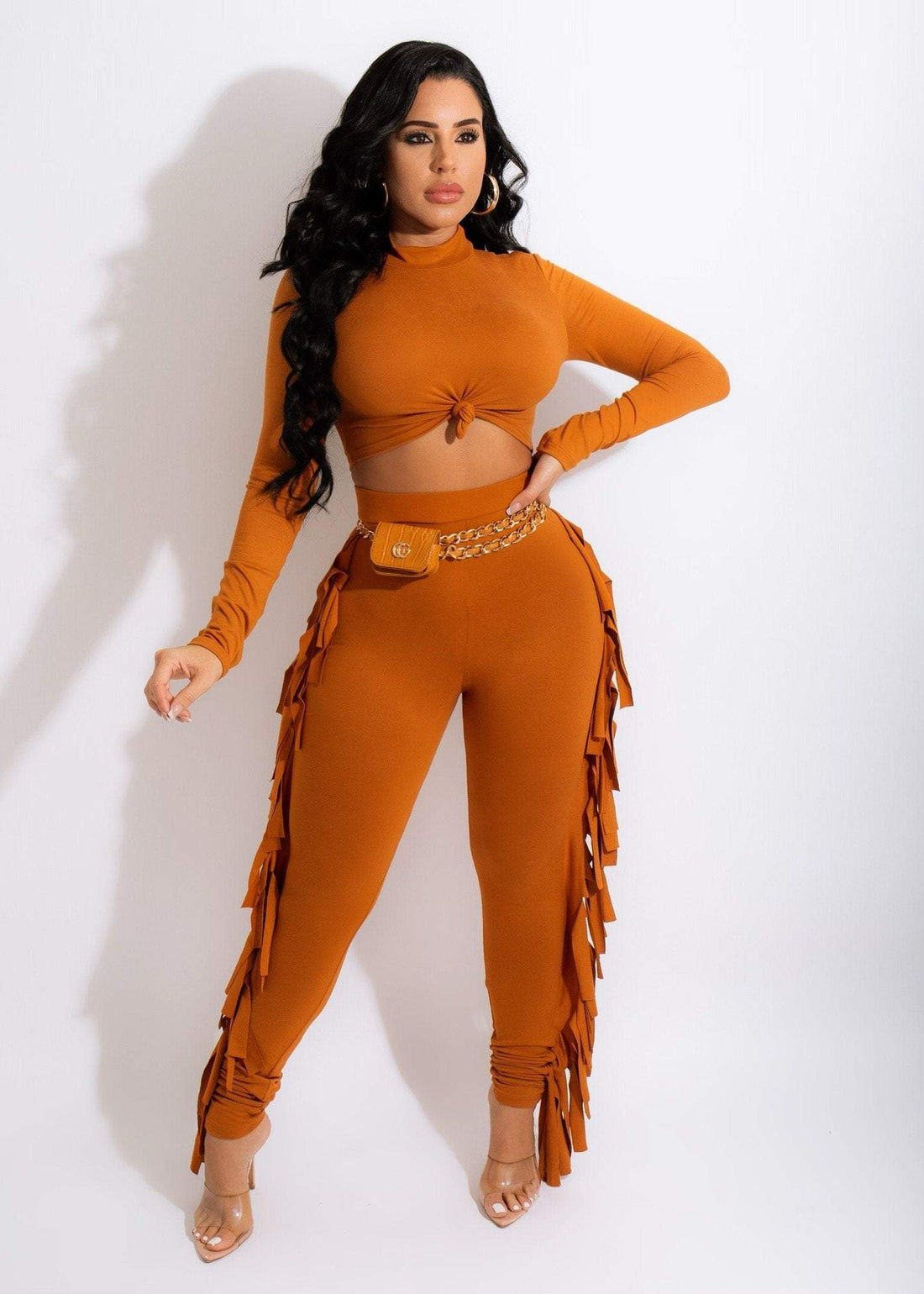 CASUAL FRINGE PURE COLOR PANT SET