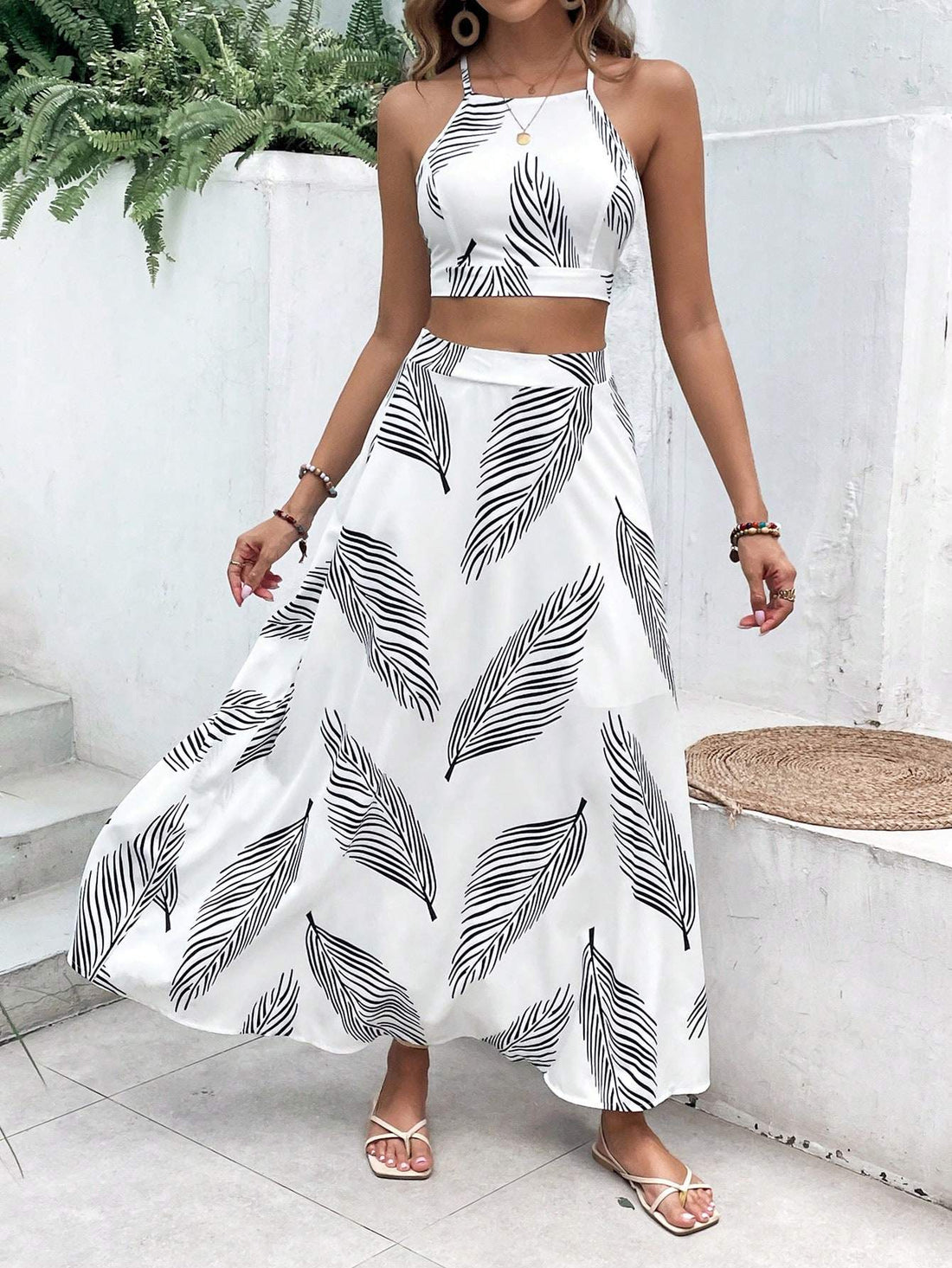 VCAY SUMMER BEACH TROPICAL PRINT TIE BACKLESS CAMI TOP SPLIT THIGH SKIRT TWO PIECE SET