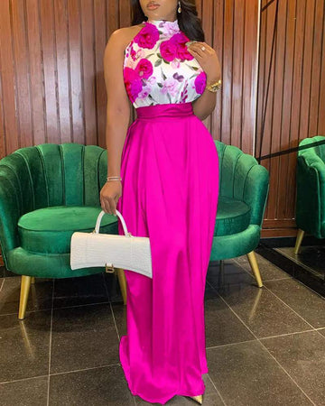 FLORAL PRINT WIDE LEG SLEEVELESS SATIN JUMPSUIT